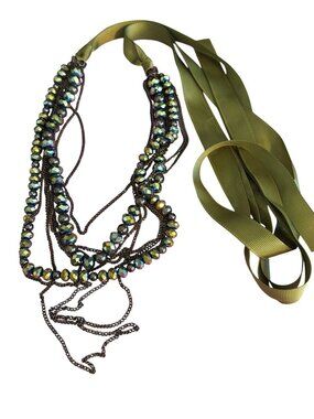 Glass Green Aurora Borealis Black Chain Ribbon Necklace Belt Layered 54" Total